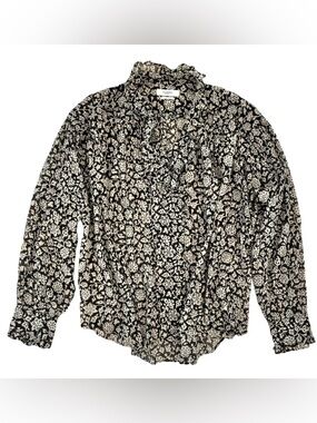 Isabel Marant Cade Ruffled V-Neck Blouse Black White Floral Print Size 38